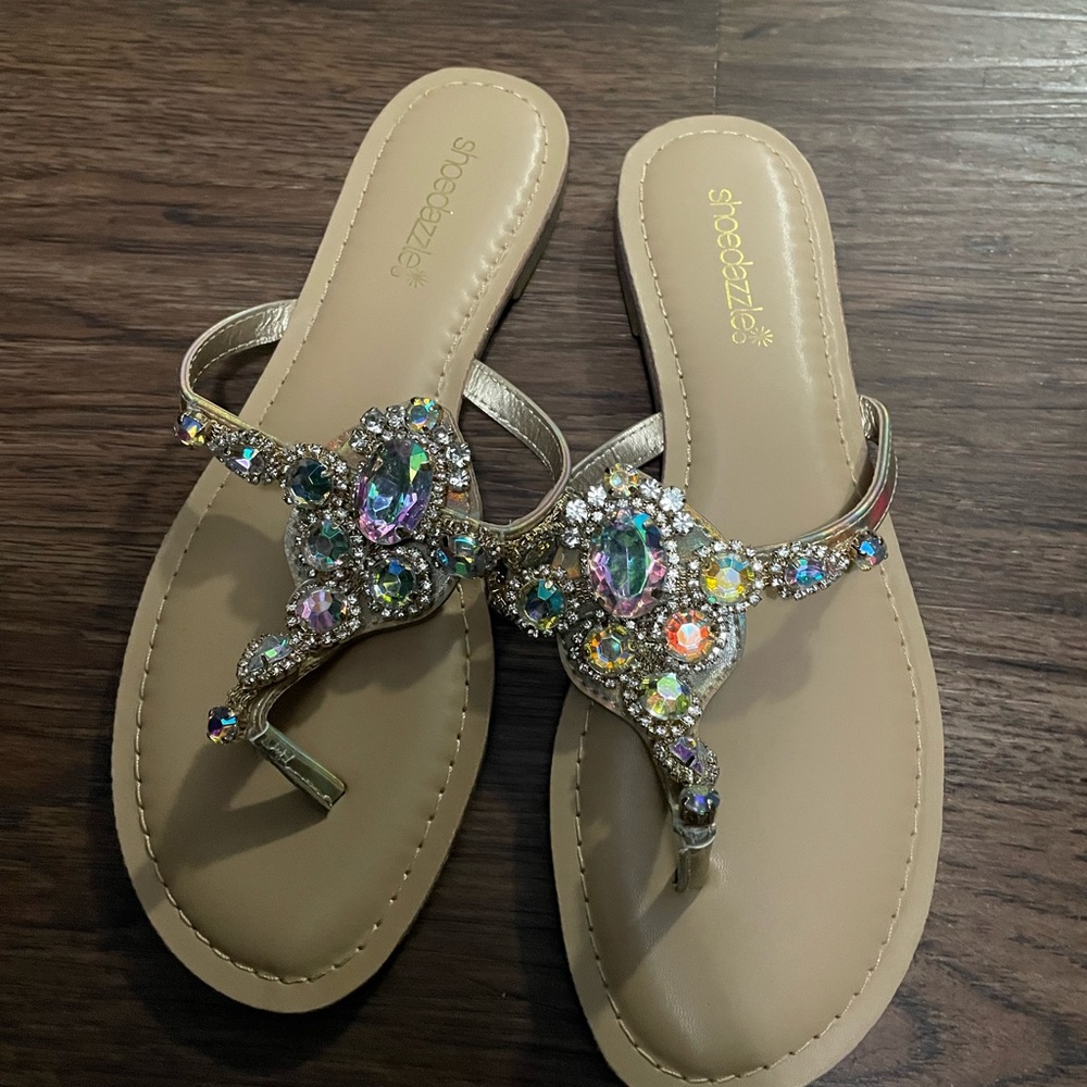 Shoe Dazzle Gold Sandals with Multicolor Gems